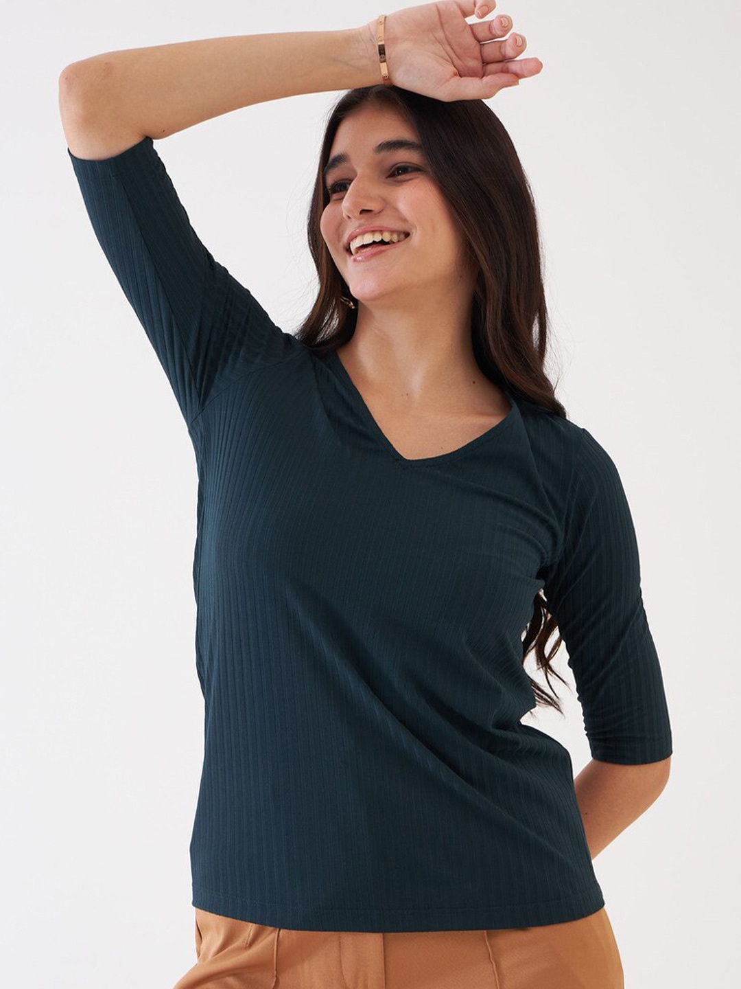 

SALT ATTIRE Vertical Stripes V-Neck Top, Green