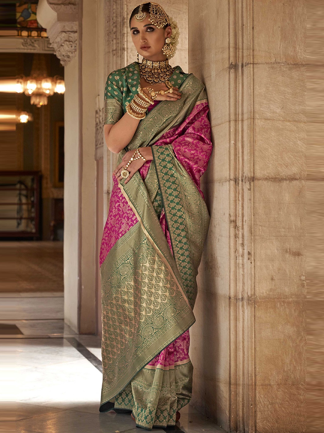 

Mitera Pink & Green Floral Woven Design Zari Banarasi Saree