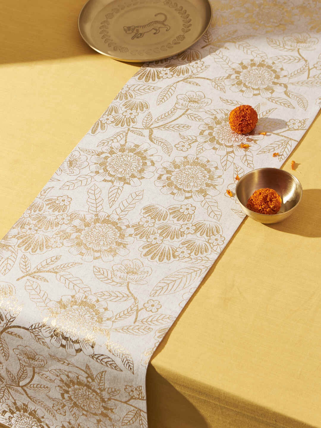 

Chumbak Marigold Golden Embossed Cotton Table Runner, Gold