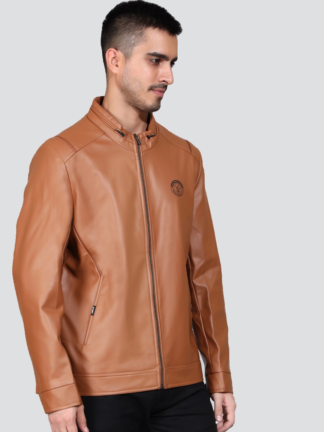 

YOUNG CLUB CLASSIC Mock Collar Biker Jacket With Zip Detail, Tan