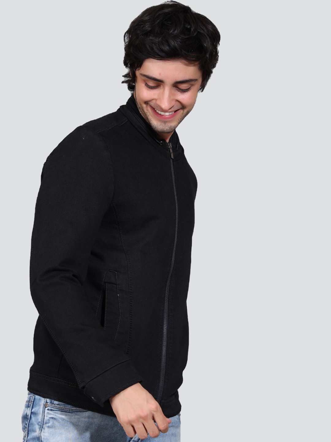 YOUNG CLUB CLASSIC Mock Collar Long Sleeves Denim Jacket, Navy blue