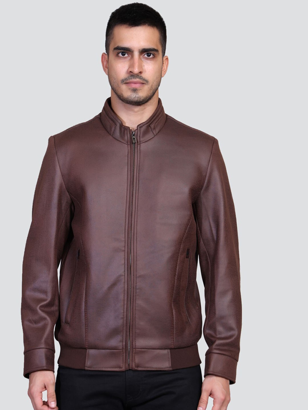 

YOUNG CLUB CLASSIC Mock Collar Leather Jacket, Brown
