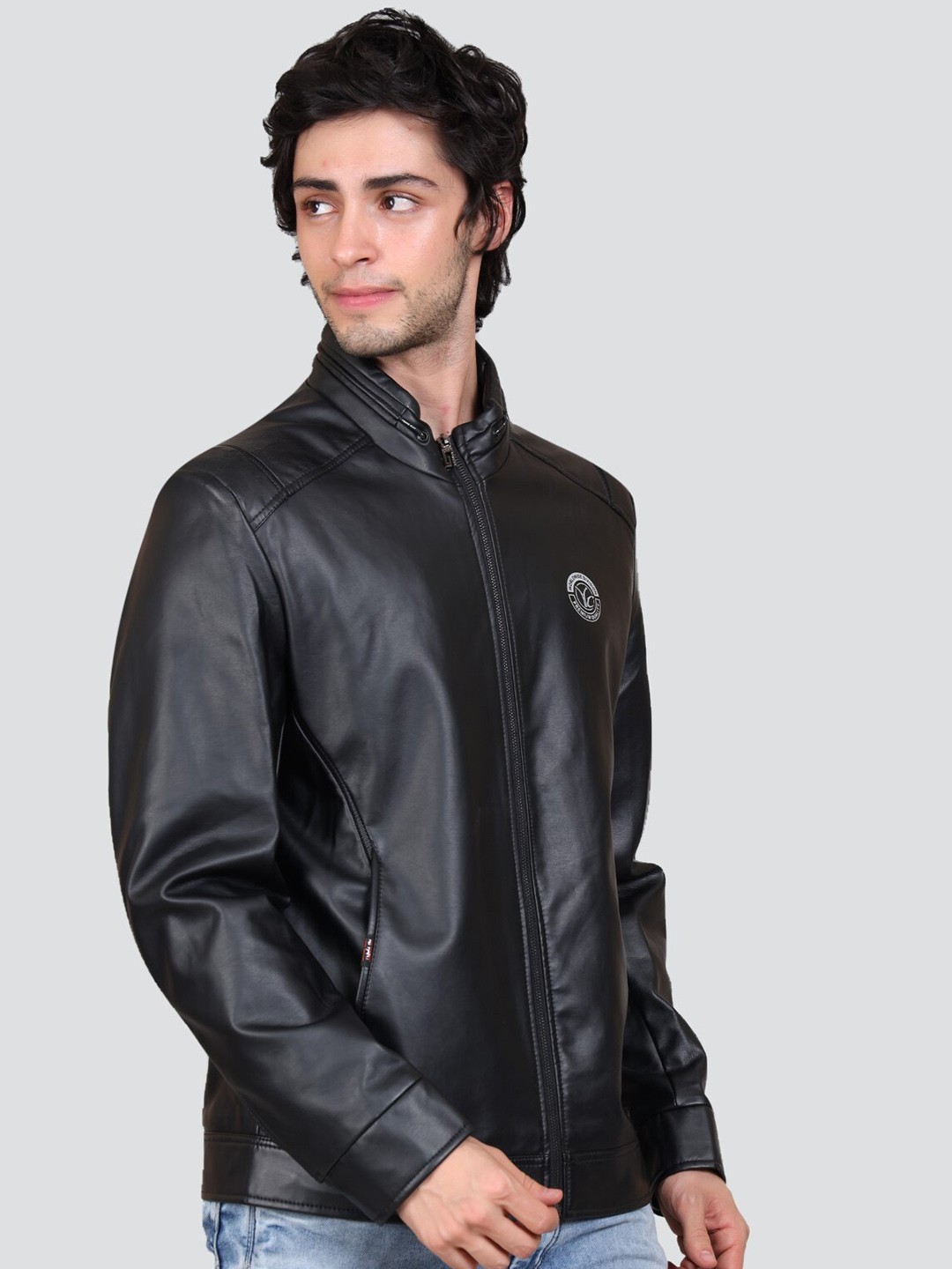 

YOUNG CLUB CLASSIC Mock Collar Long Sleeves Leather Jacket, Black