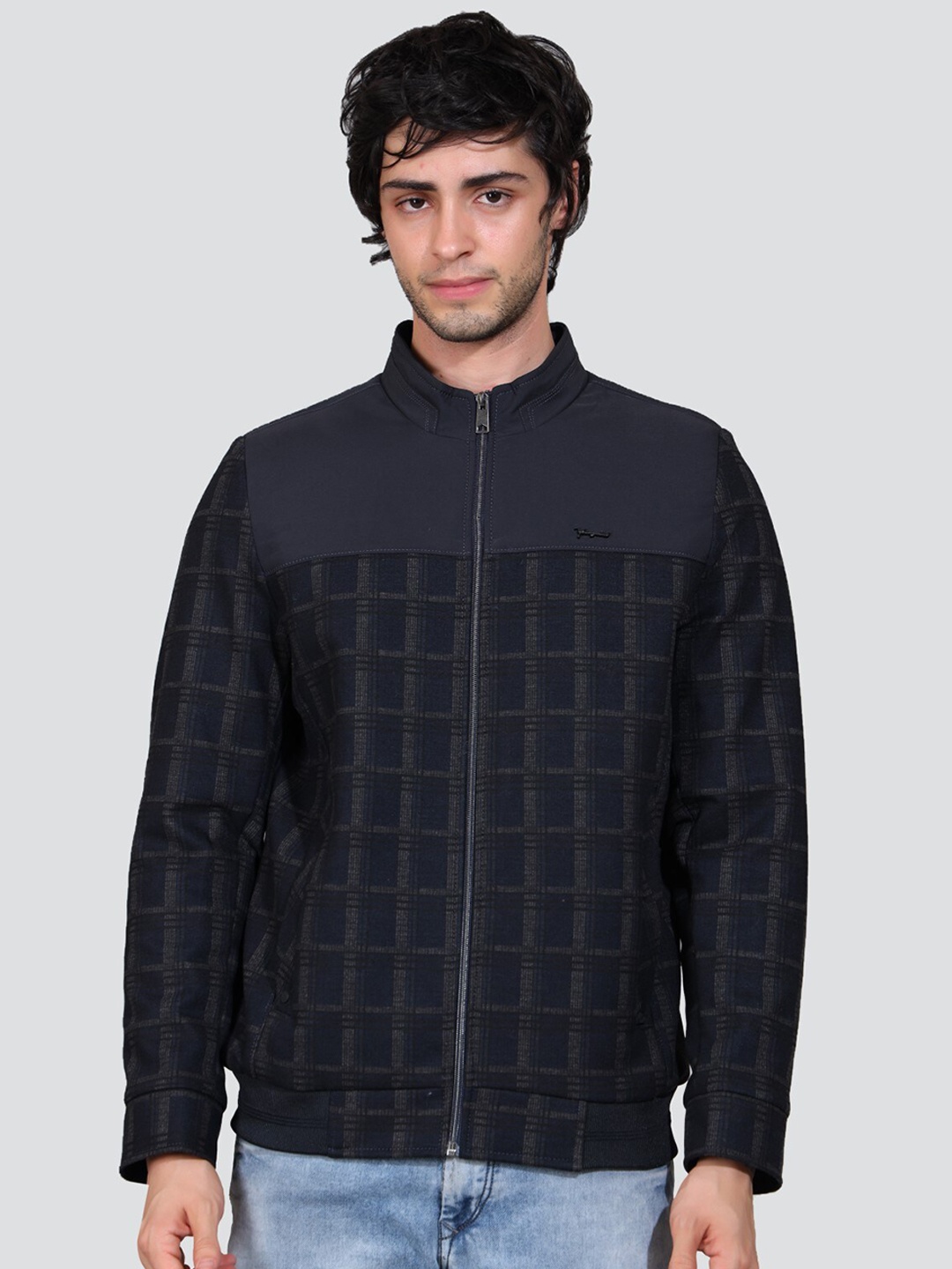 

YOUNG CLUB CLASSIC Geometric Printed Mock Collar Woollen Bomber Jacket, Blue