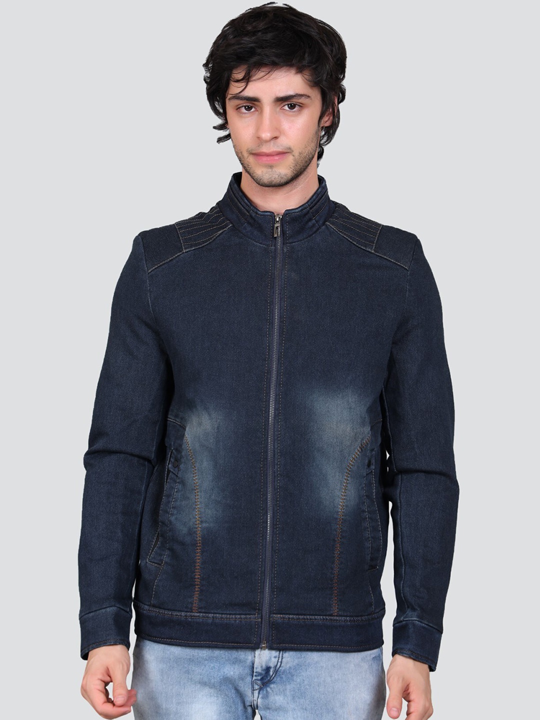 

YOUNG CLUB CLASSIC Mock Collar Long Sleeves Denim Jacket, Blue