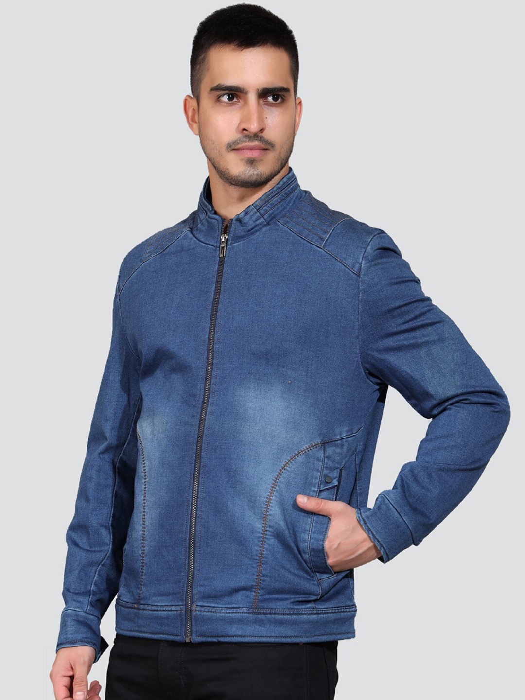 

YOUNG CLUB CLASSIC Mock Collar Denim Jacket, Navy blue
