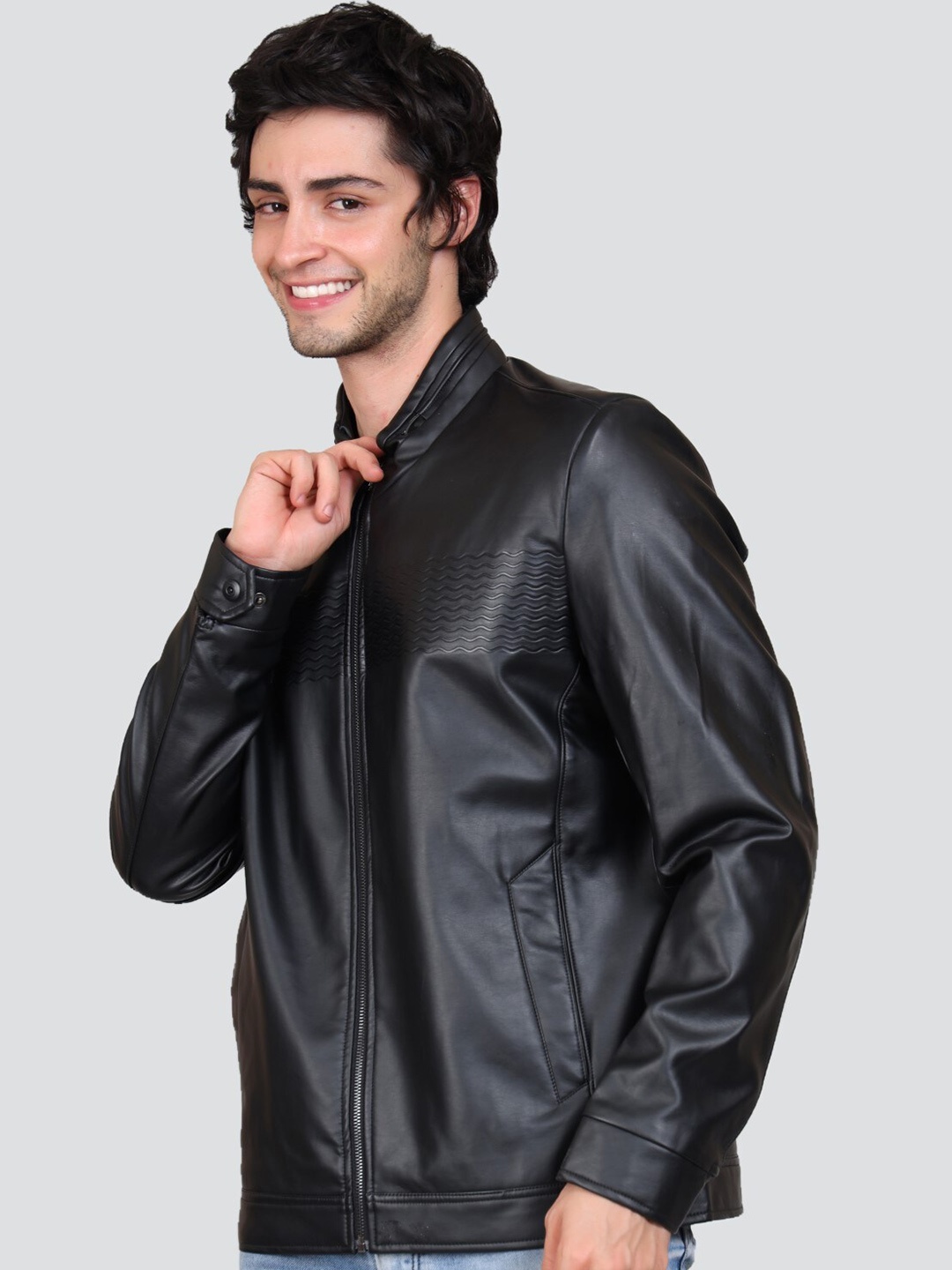 

YOUNG CLUB CLASSIC Stand Collar Leather Jacket, Black