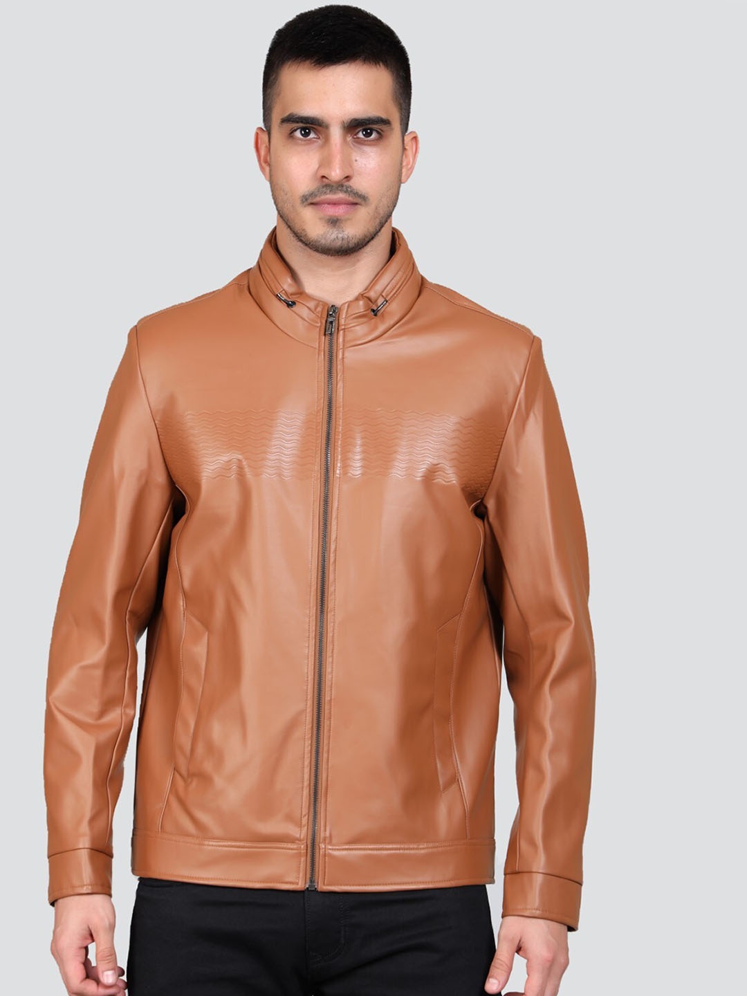 

YOUNG CLUB CLASSIC Stand Collar Leather Jacket, Tan