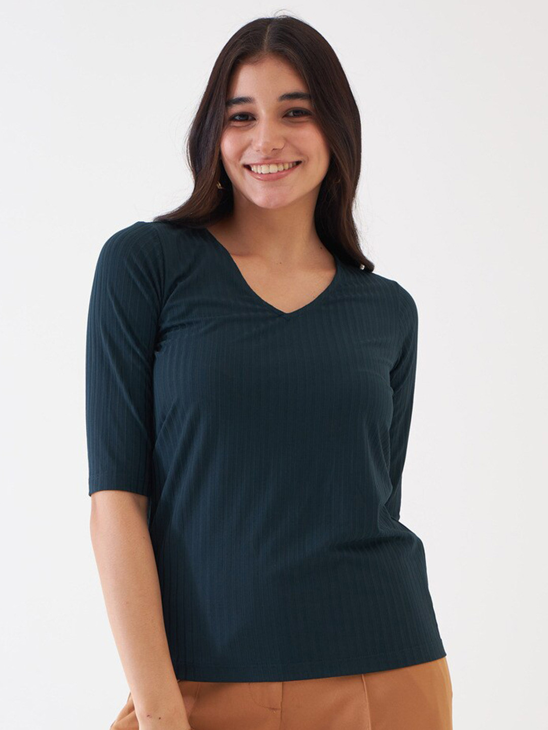 

SALT ATTIRE Vertical Stripes V-Neck Top, Green