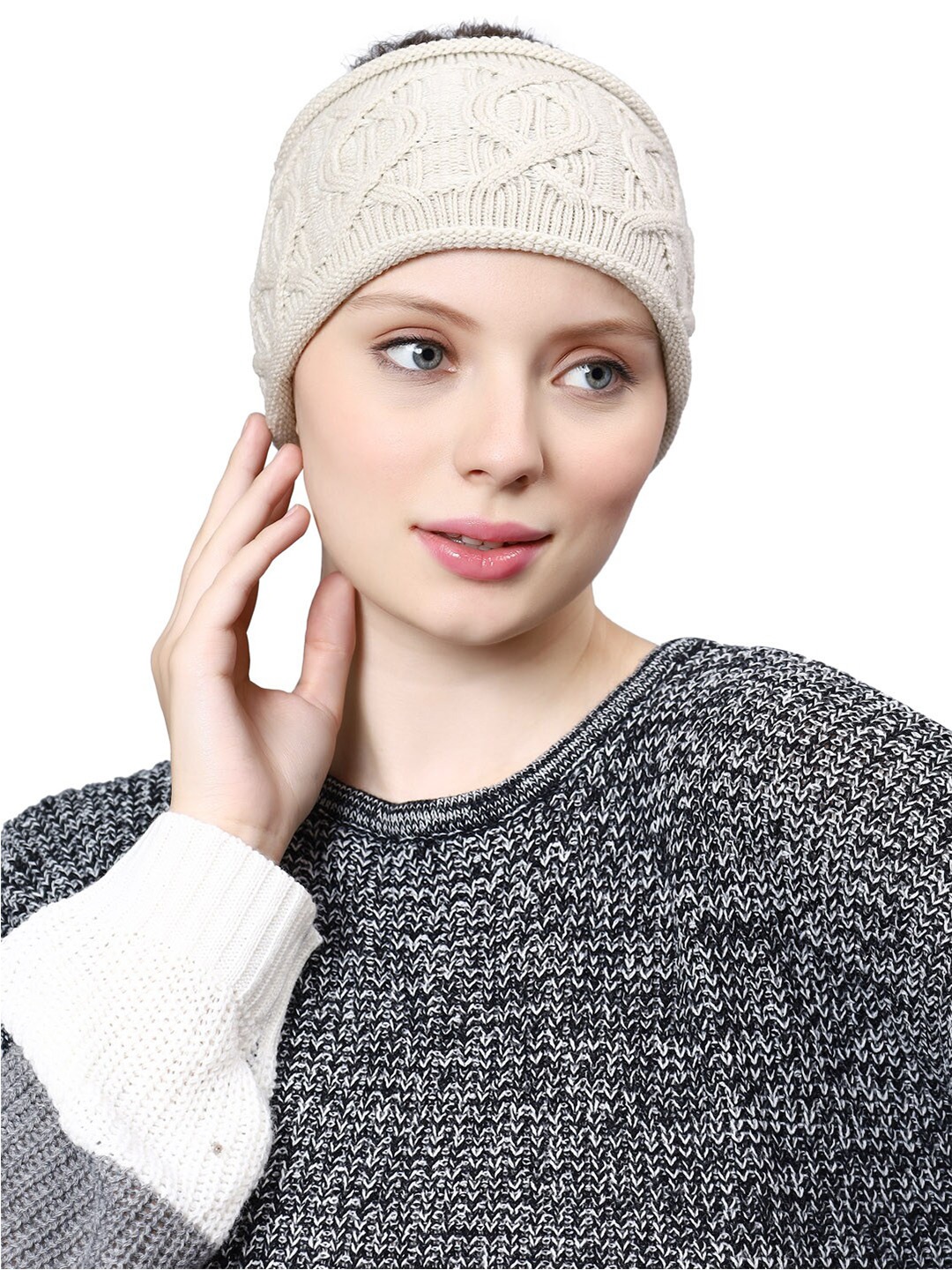 

Bharatasya Winter Knitted Earwarmer Headband With Rolled Edges, Cream