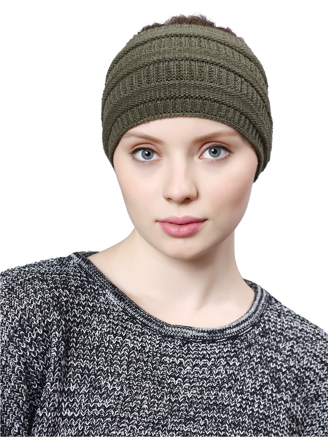 

Bharatasya Winter Knitted Earwarmer Bandana Headband, Olive