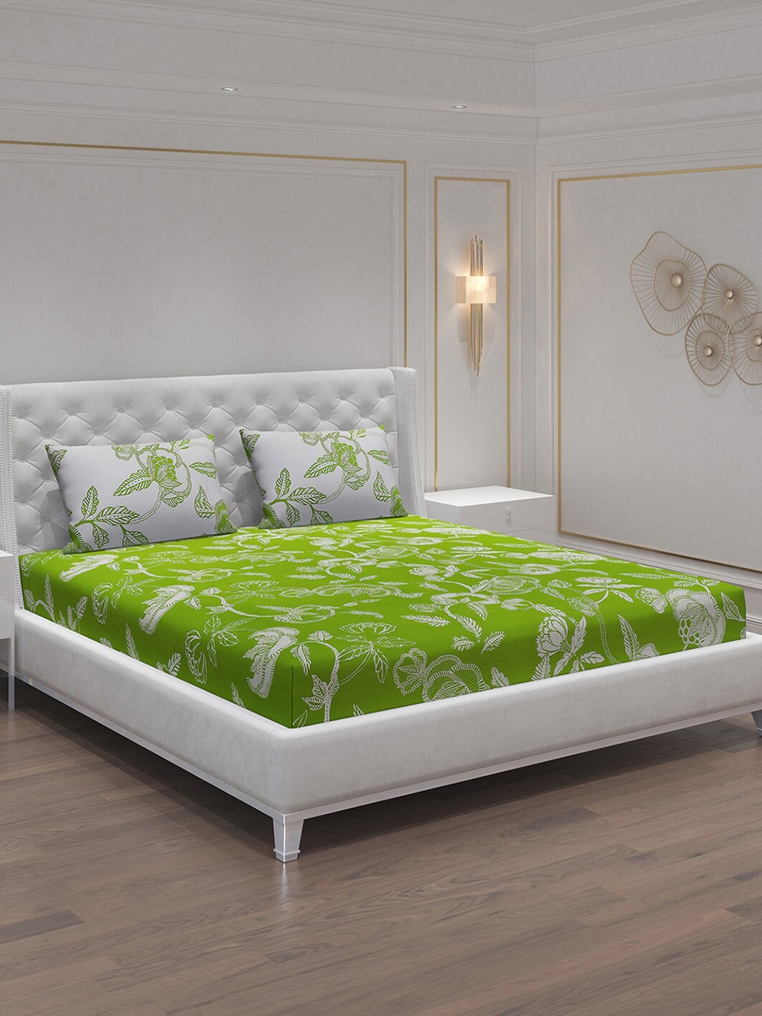 

Moca By Monte Carlo Fiona Green Printed Cotton 104 TC Queen Bedsheet with 2 Pillow Covers