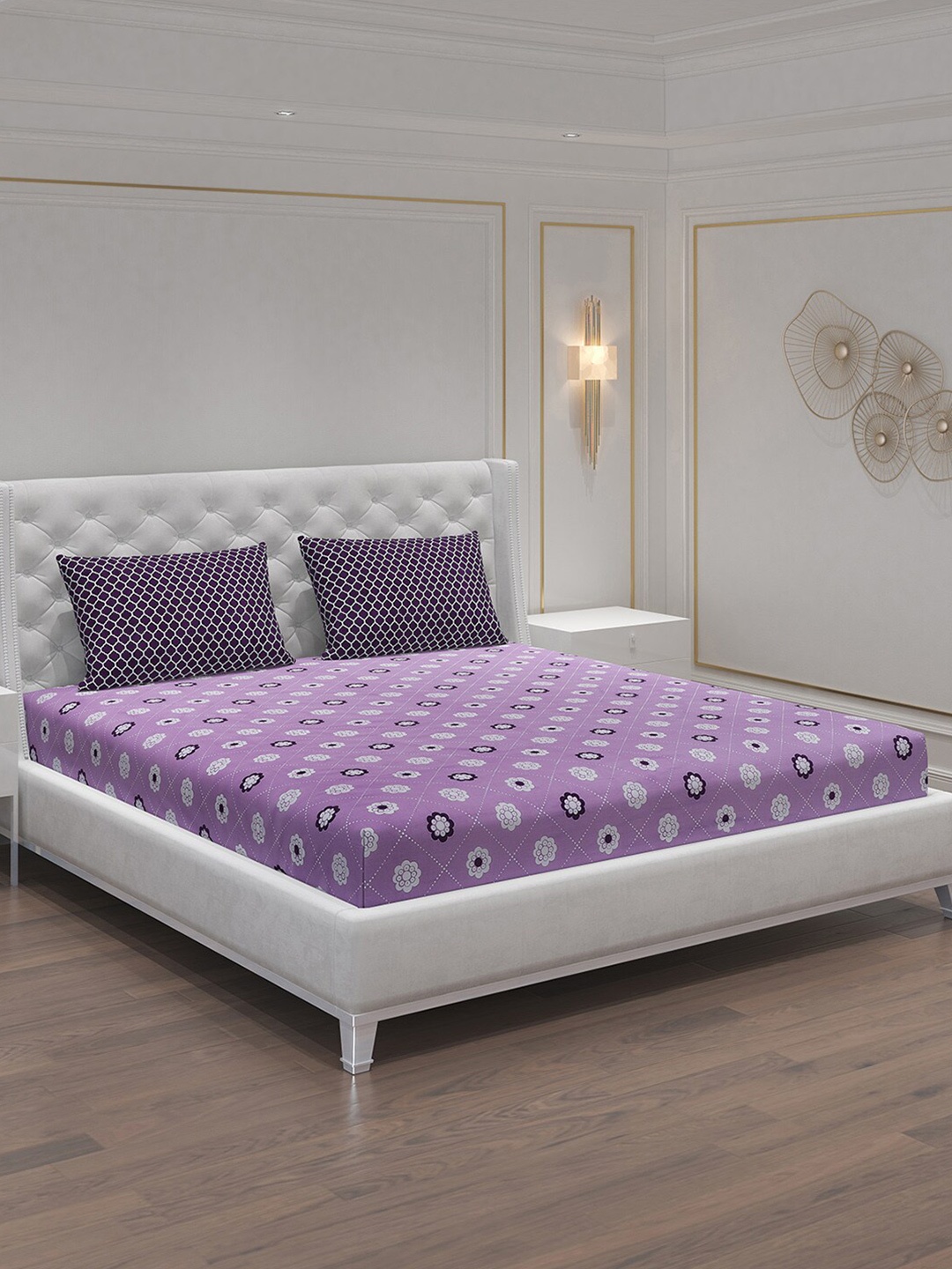 

Moca By Monte Carlo Fiona Purple Cotton 104 TC Queen Bedsheet with 2 Pillow Covers