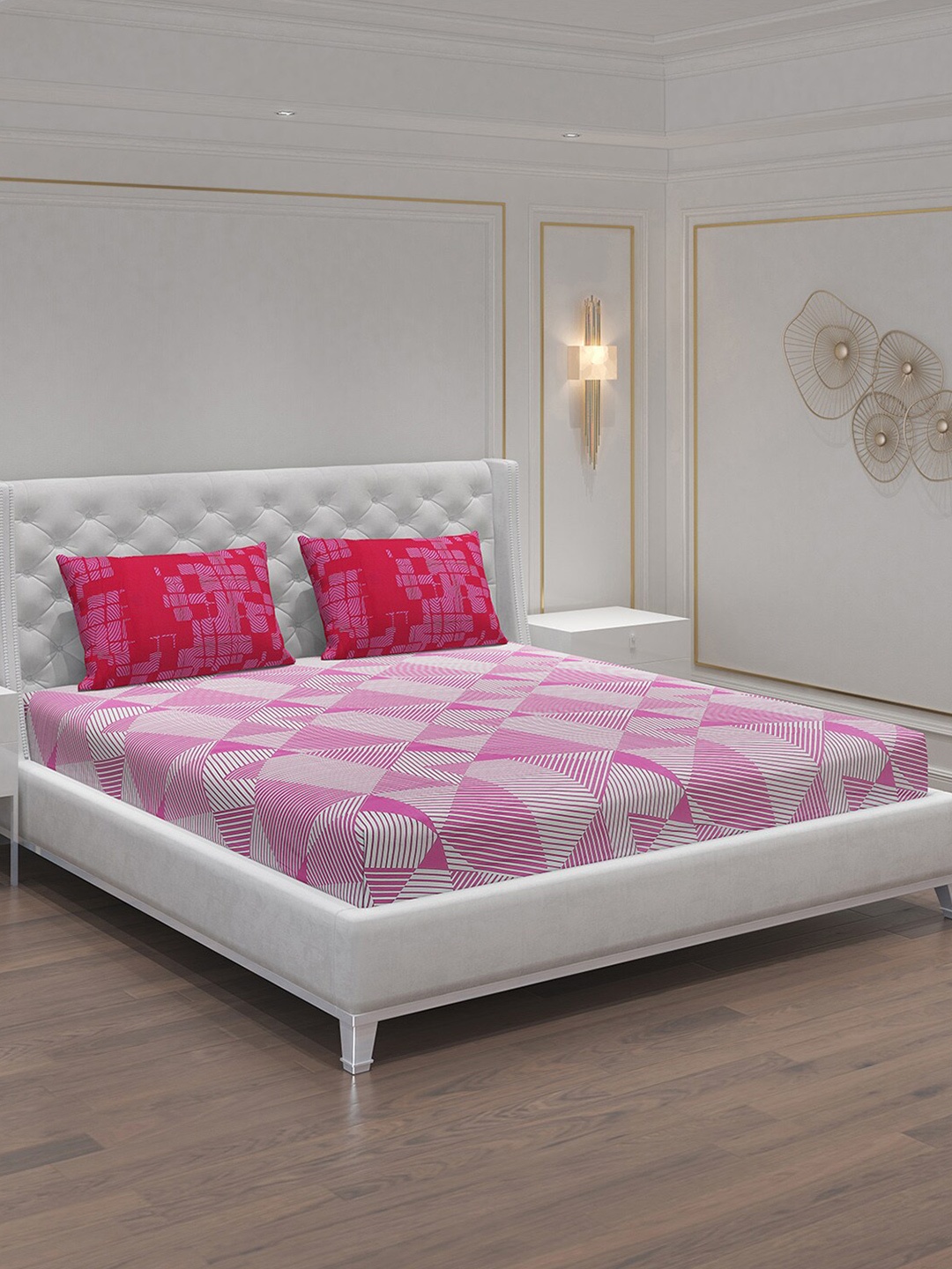 

Moca By Monte Carlo Fiona Pink Geometric Cotton 104 TC Queen Bedsheet & 2 Pillow Covers