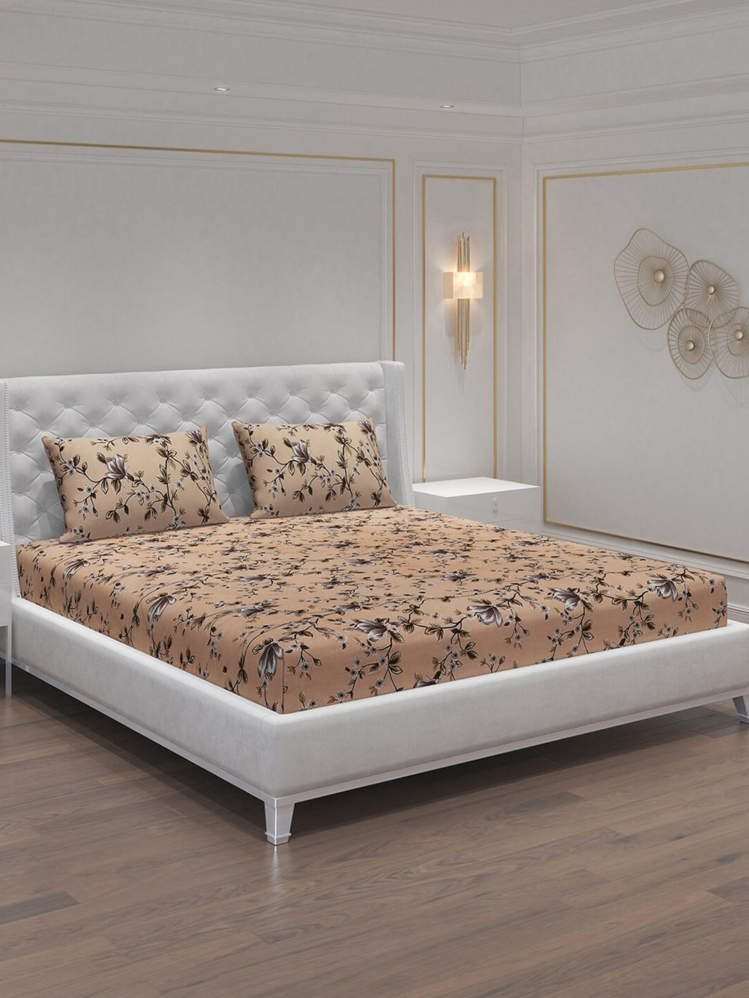 

Moca By Monte Carlo Dazzle Brown Floral Microfiber 120 TC Queen Bedsheet & 2 Pillow Covers, Peach
