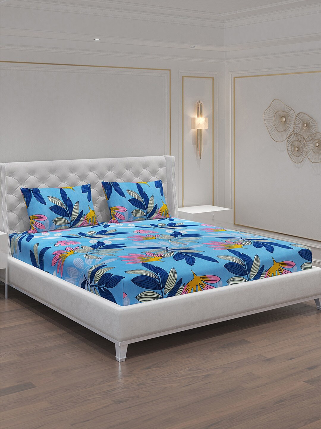 

Moca By Monte Carlo Dazzle Blue Floral Microfiber 120 TC Queen Bedsheet & 2 Pillow Covers