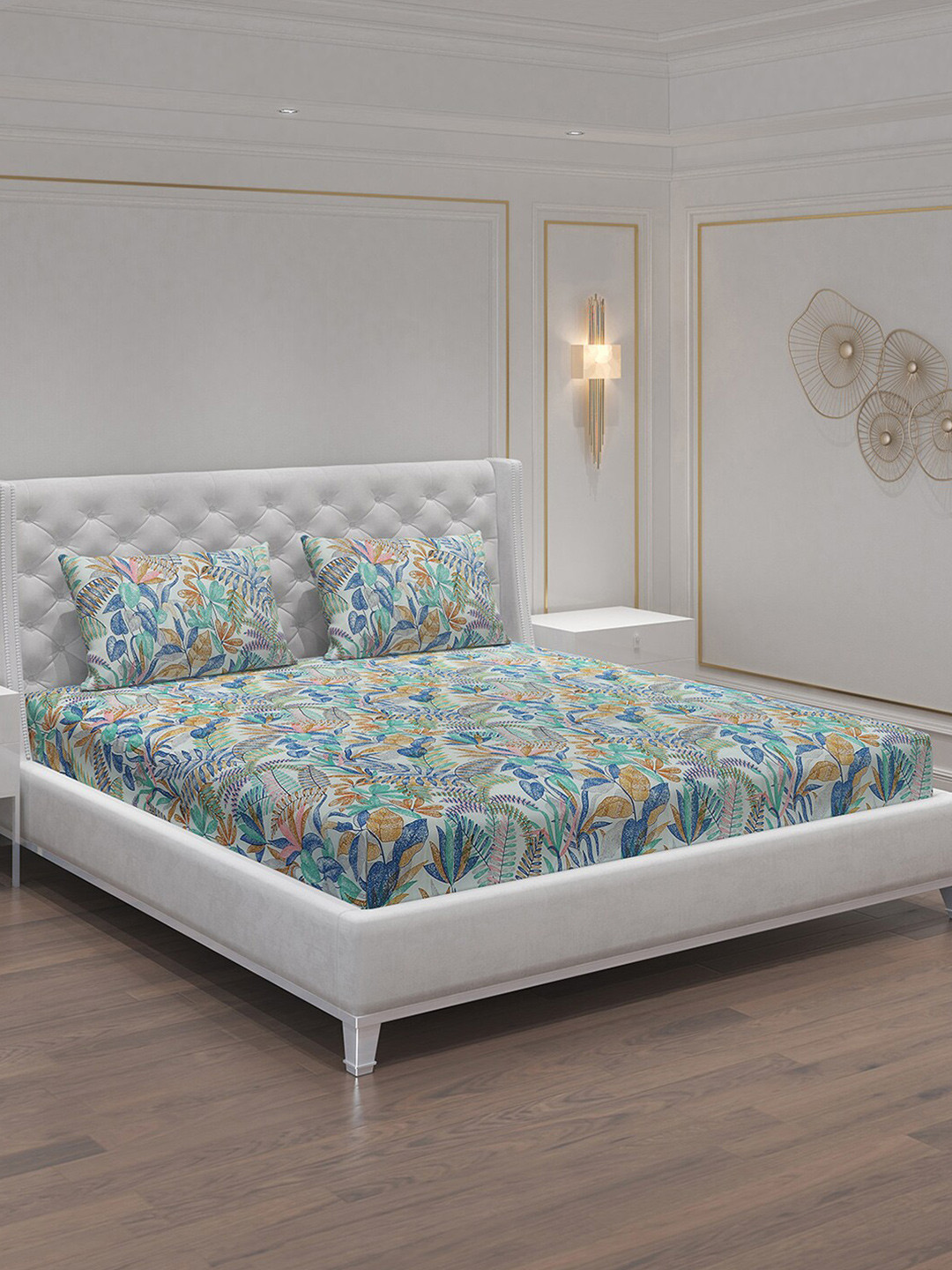 

Moca By Monte Carlo Dazzle Blue & Green Floral 120 TC Queen Bedsheet with 2 Pillow Covers