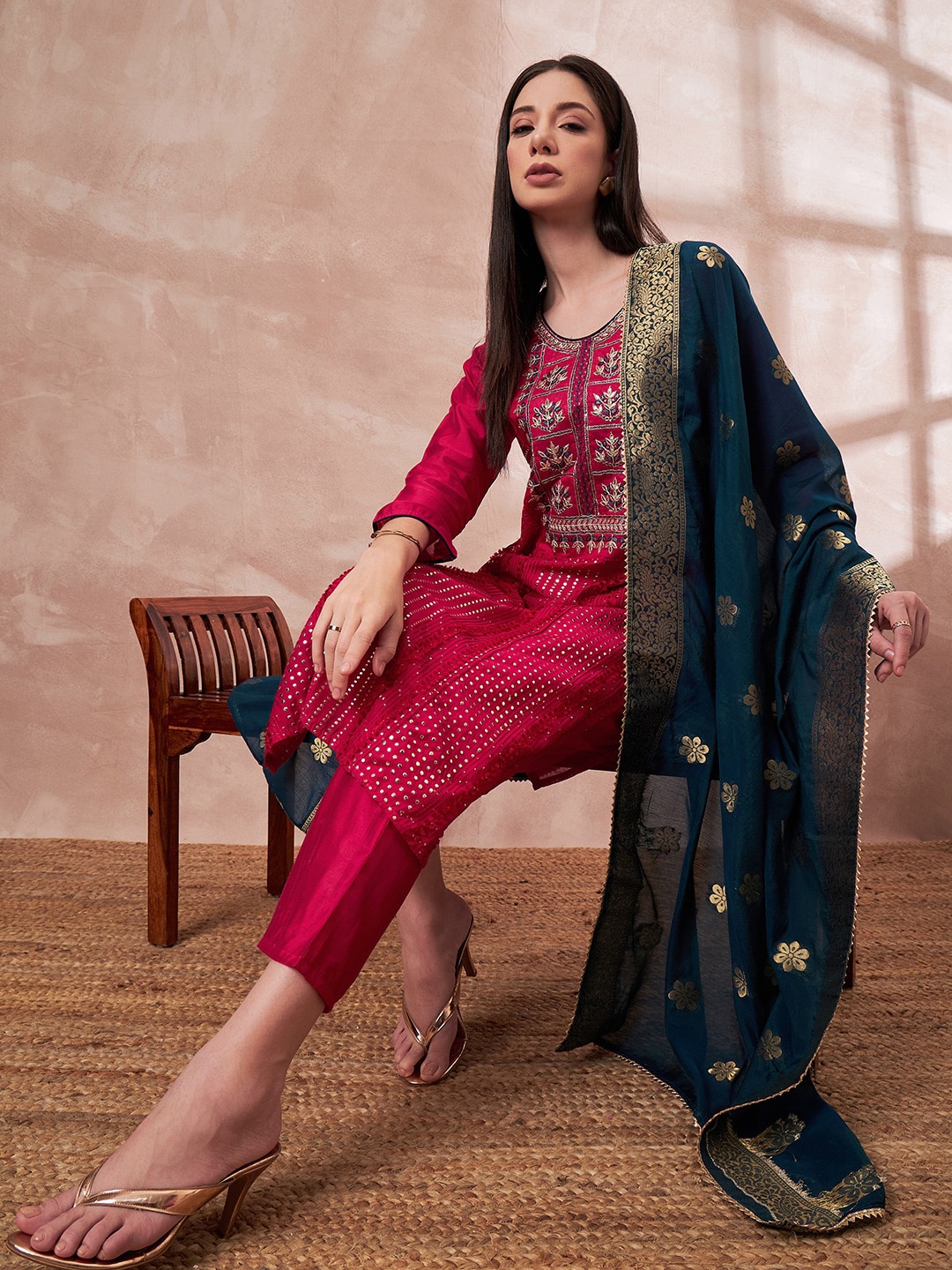 

all about you Embroidered Sequinned Chanderi Silk Kurta with Trousers & Dupatta, Pink