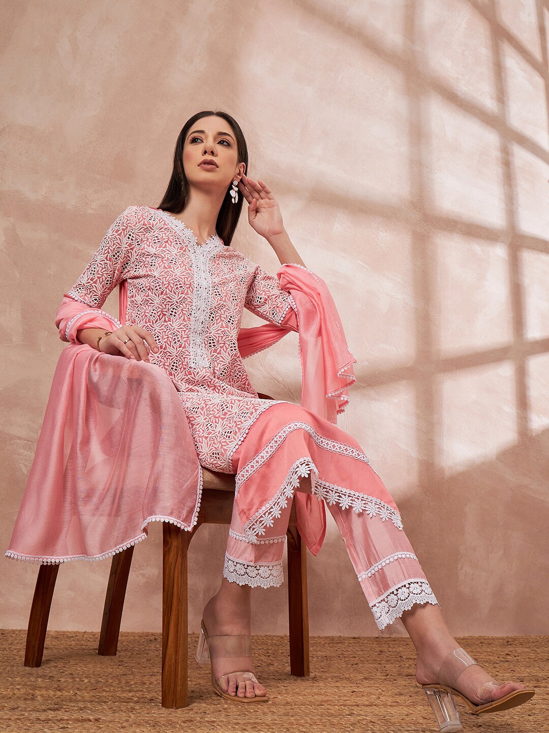 

all about you Floral Embroidered V-Neck Lace Detail Kurta with Trousers & Dupatta, Pink