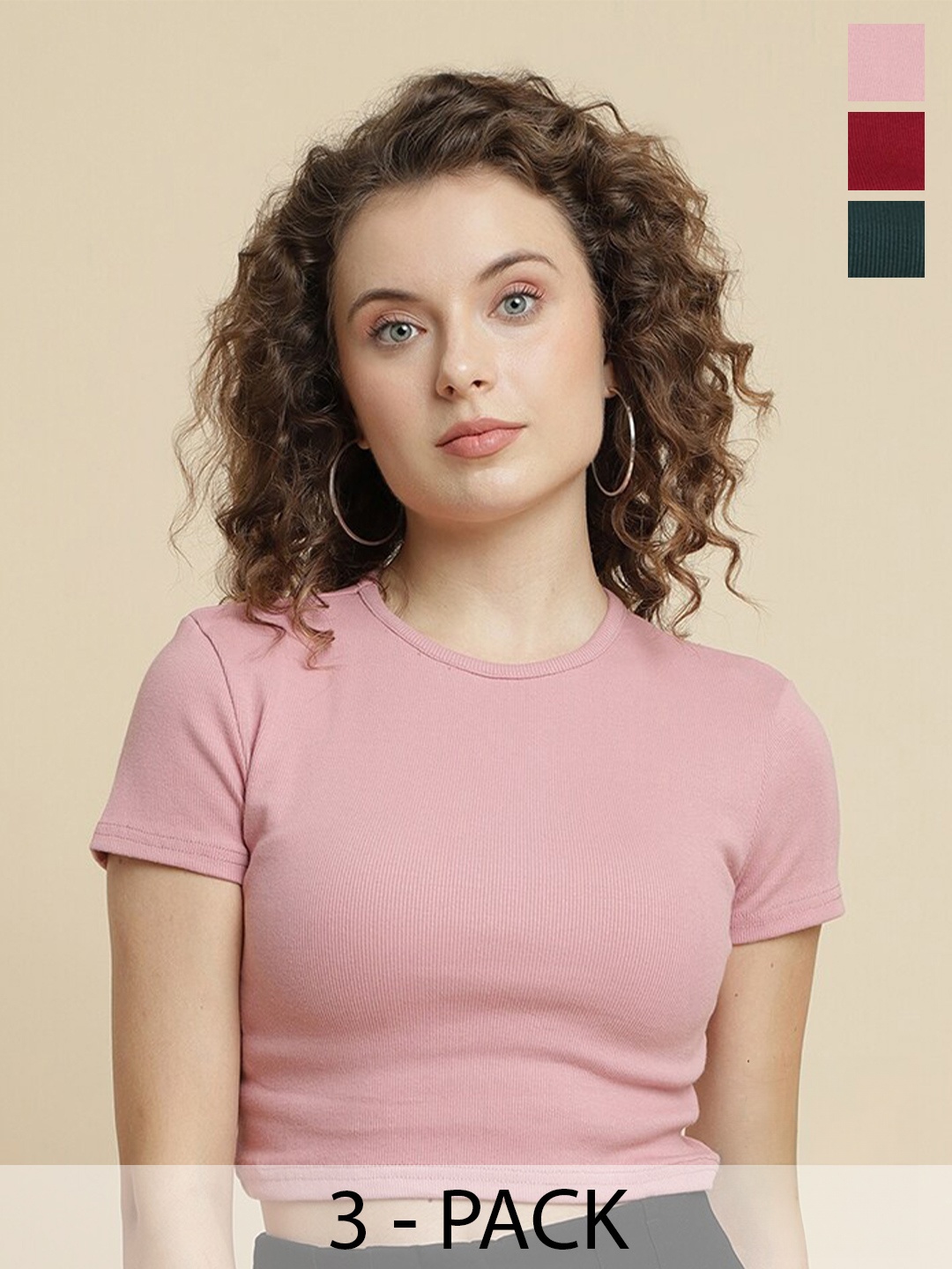 

UnaOne Pack Of 3 Pure Cotton Fitted Crop Tops, Peach
