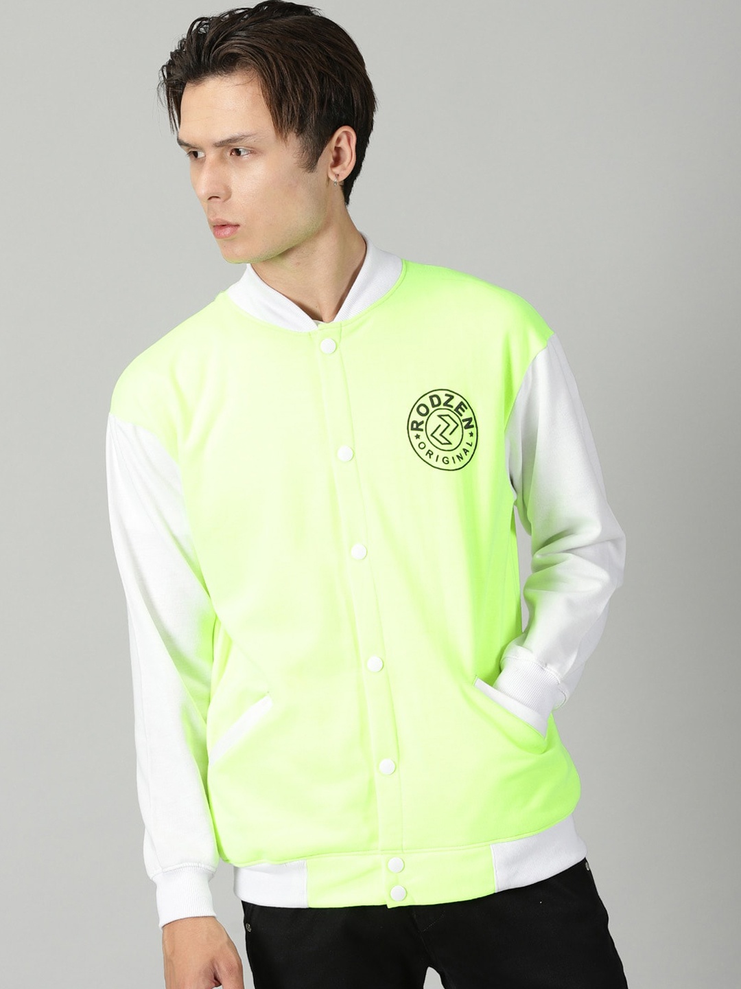 

Rodzen Colourblocked Fleece Lightweight Bomber Jacket, Lime green