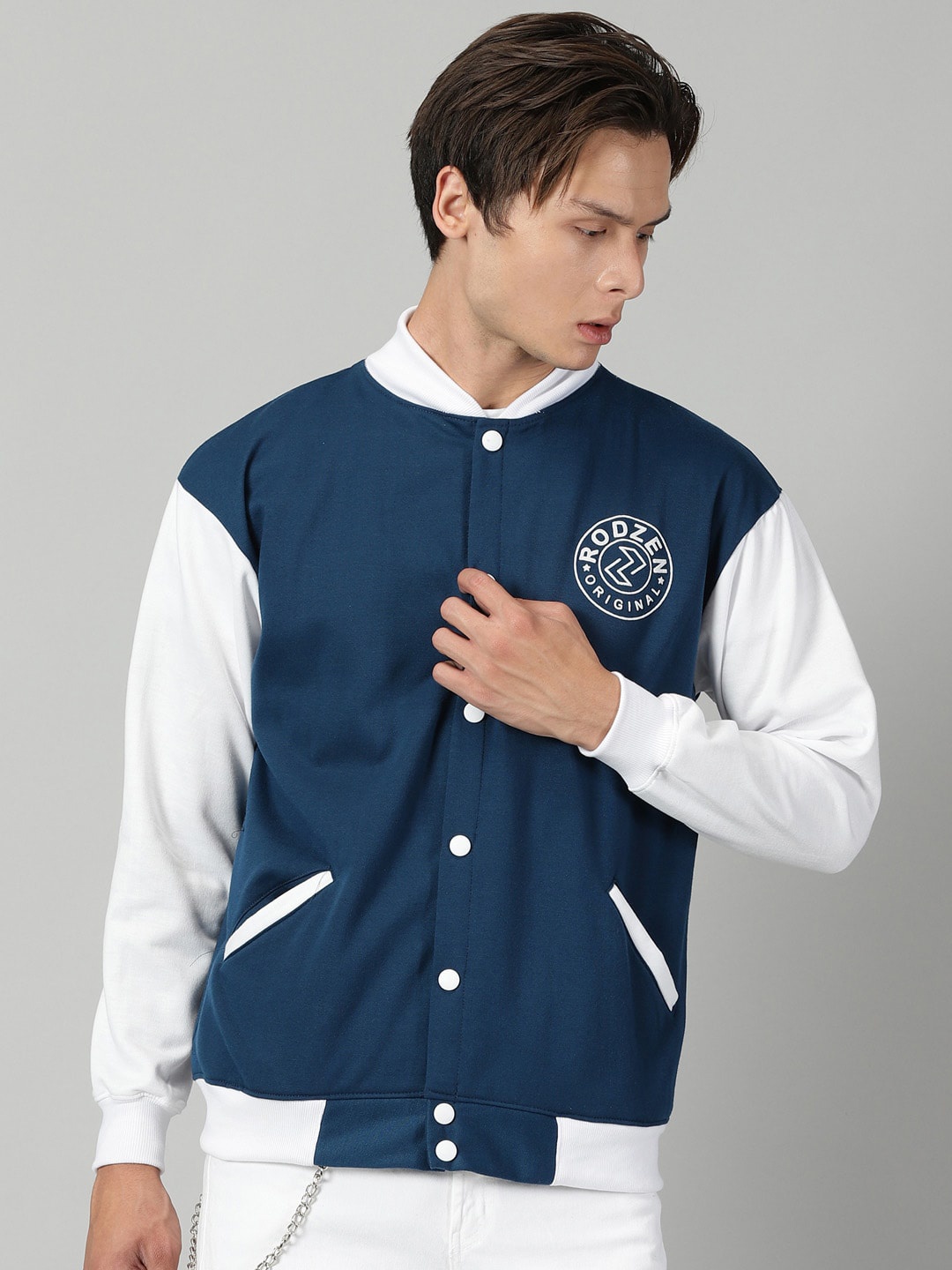 

Rodzen Colourblocked Fleece Lightweight Bomber Jacket, Navy blue