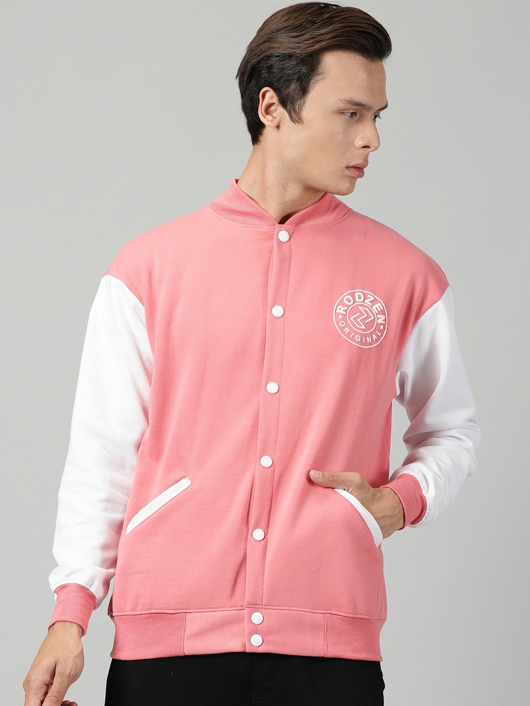 

Rodzen Colourblocked Fleece Lightweight Bomber Jacket, Pink