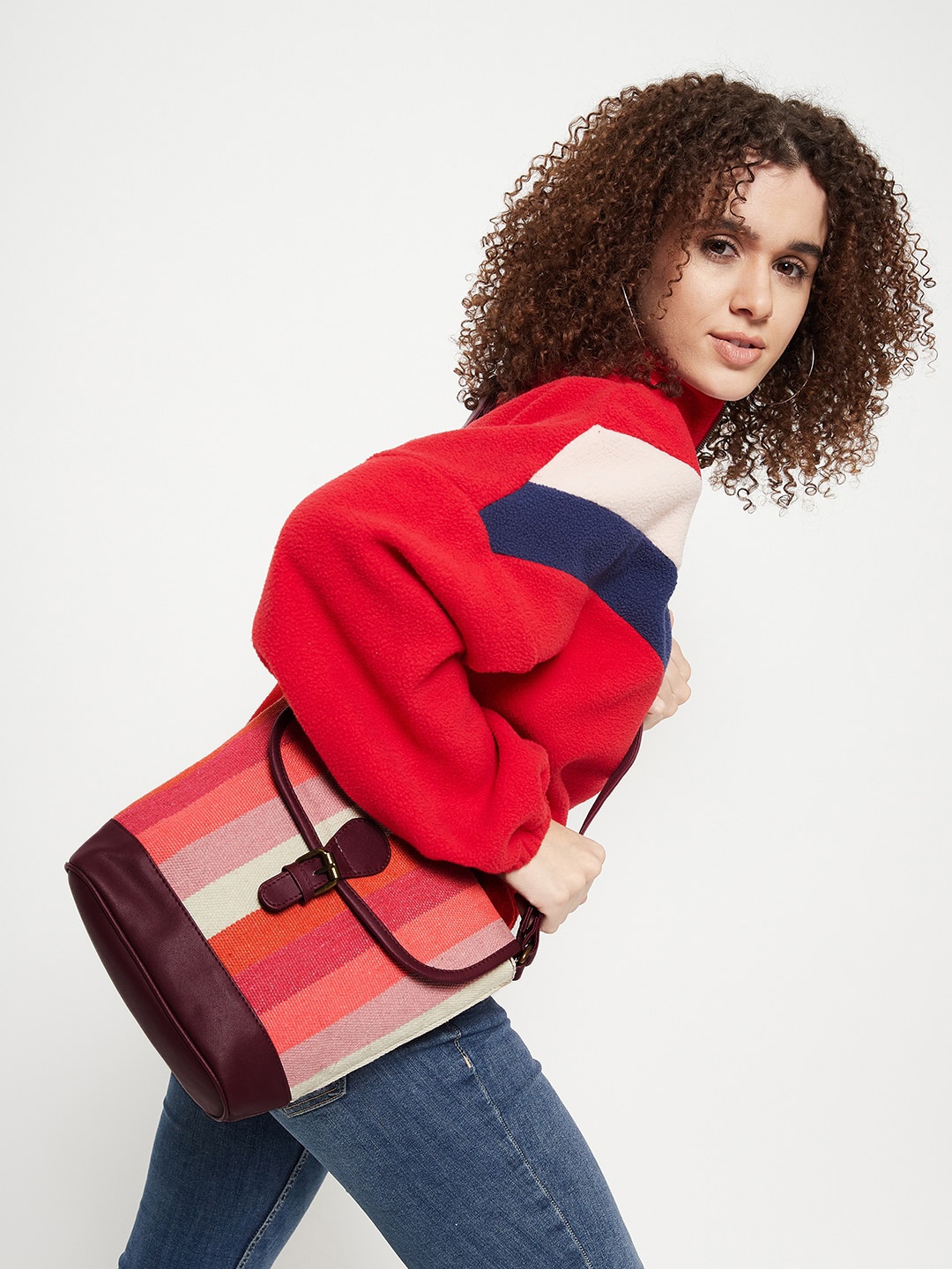 

Sangria Striped Cotton Sling Bag, Pink
