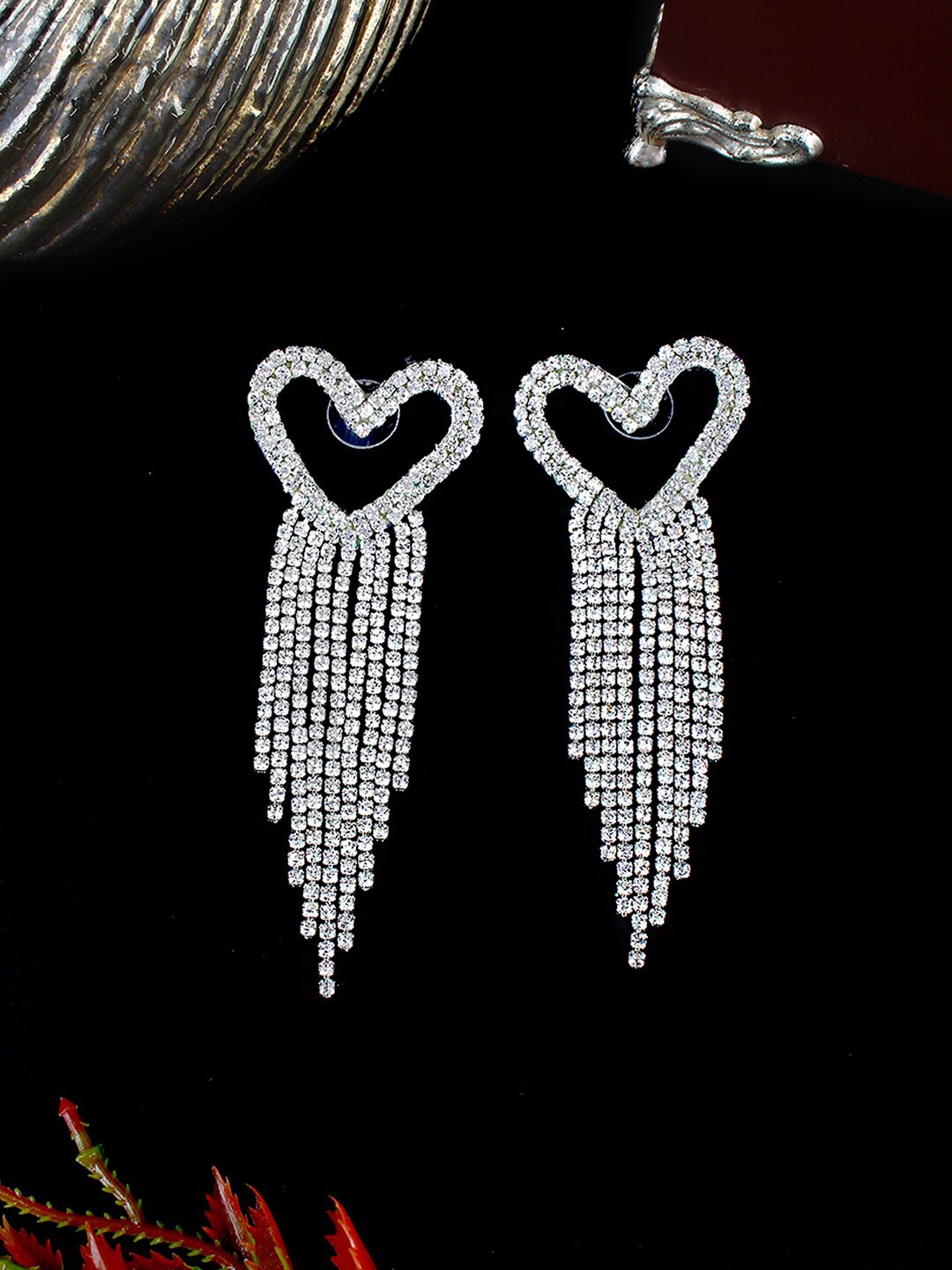 

Stylecast X KPOP Silver-Plated Rhinestone Studded Heart Shaped Brass Drop Earrings