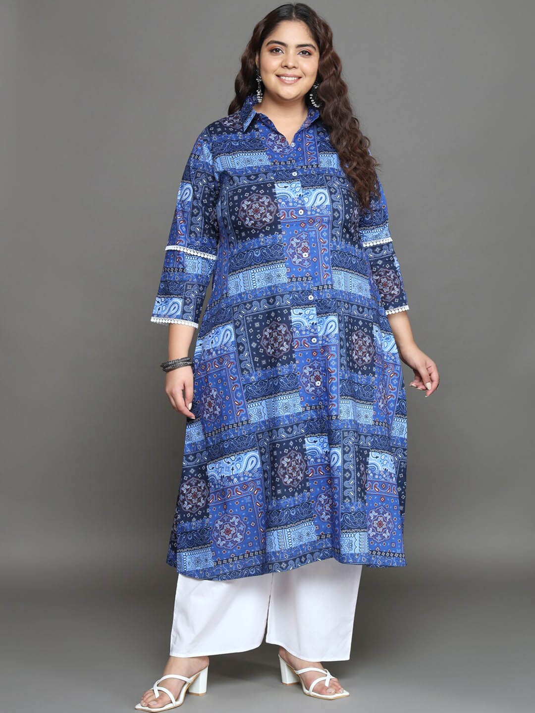 

Tissu Plus Size Ethnic Motifs Printed Shirt Collar Pure Cotton A-Line Kurta with Palazzos, Blue