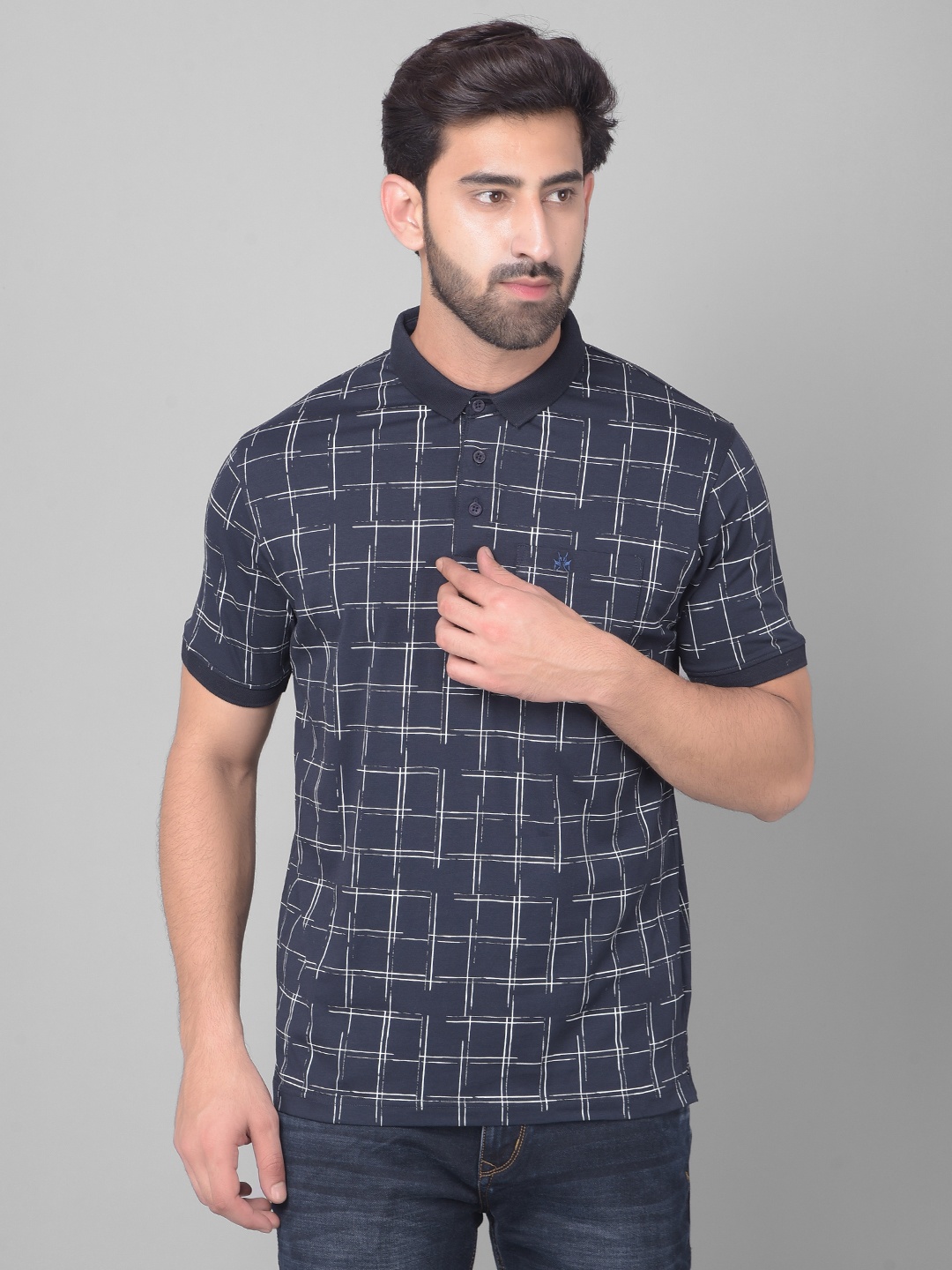 

Crimsoune Club Geometric Printed Polo Collar Cotton Slim Fit T-shirt, Navy blue