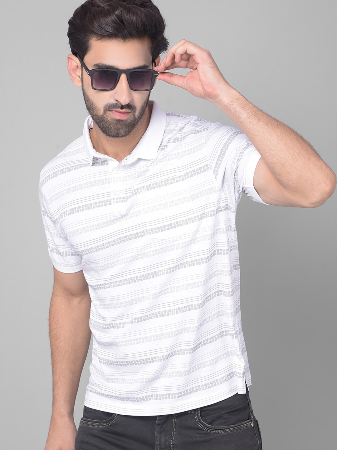 

Crimsoune Club Striped Polo Collar Cotton Slim Fit T-shirt, White