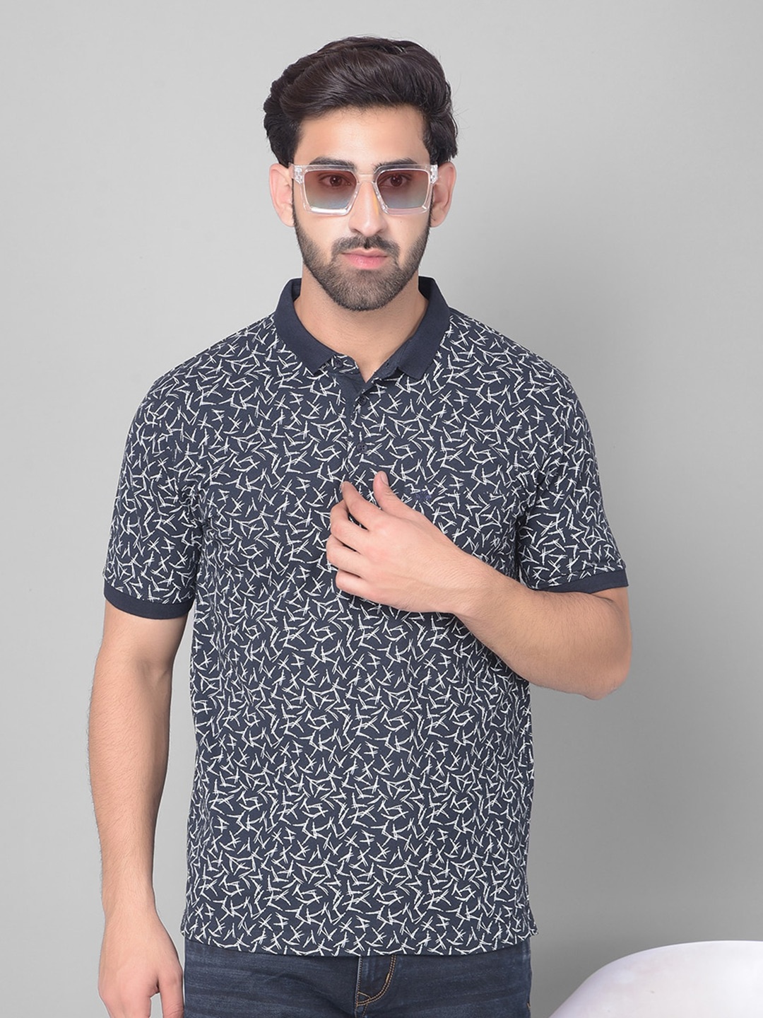 

Crimsoune Club Abstract Printed Polo Collar Cotton Slim Fit T-shirt, Navy blue