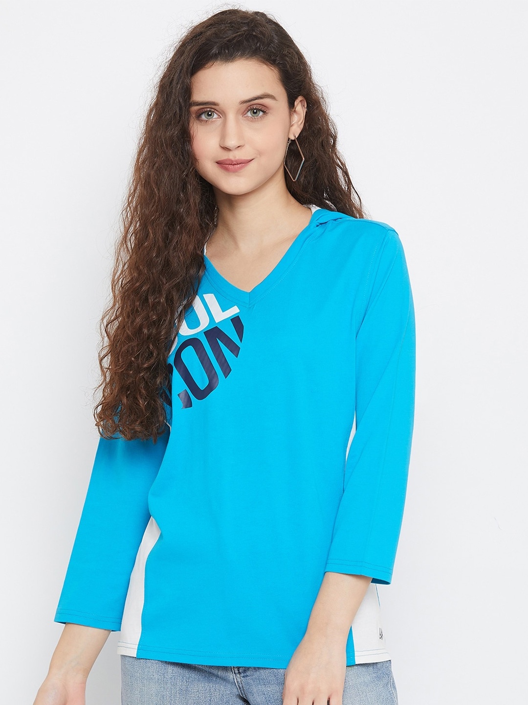 

URKNIT Typography Printed Hooded Cotton T-shirt, Blue