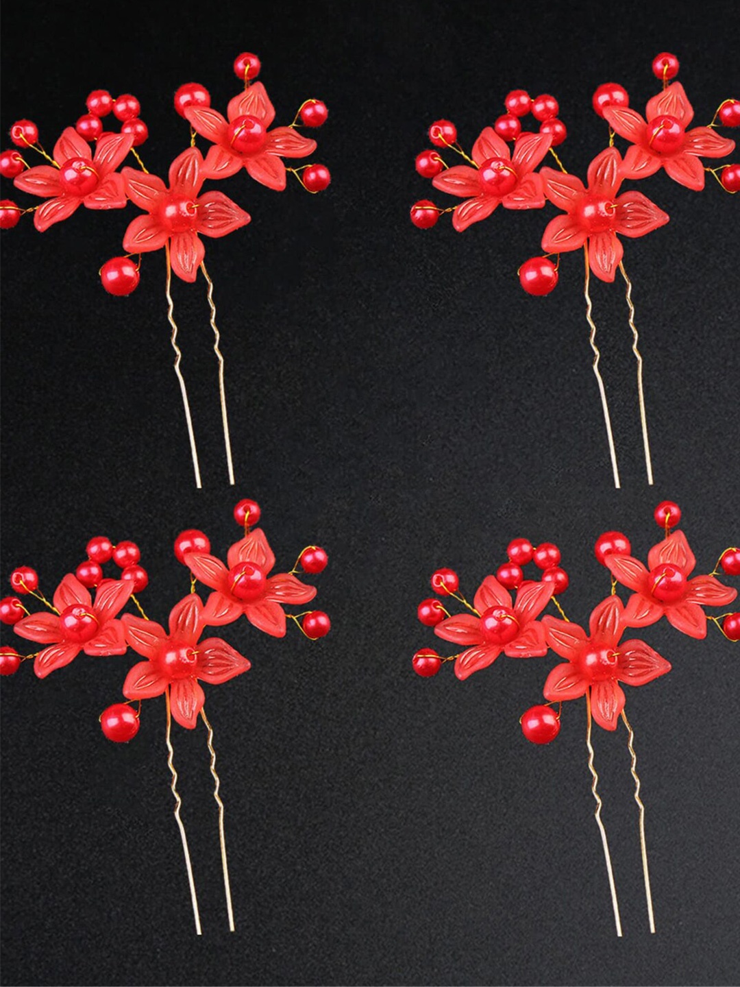 

VAGHBHATT Set of 4 Floral Hair Accessory Set, Red