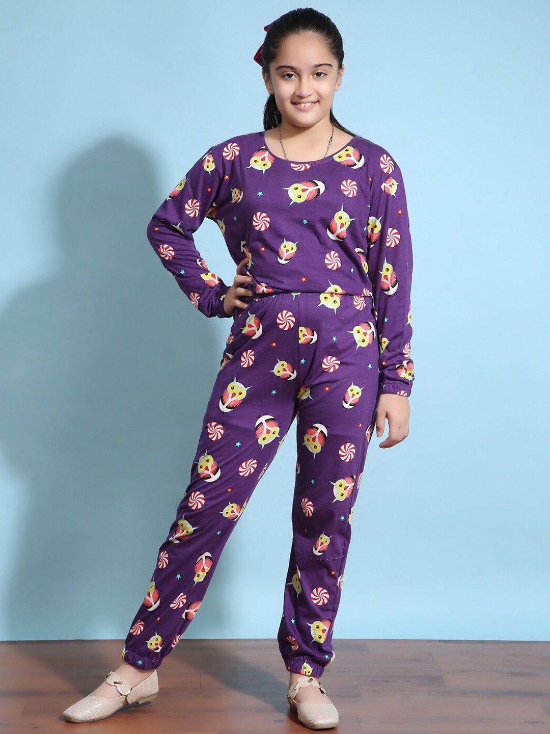 

Ninos Dreams Girls Printed Pure Cotton Top with Pyjamas, Purple