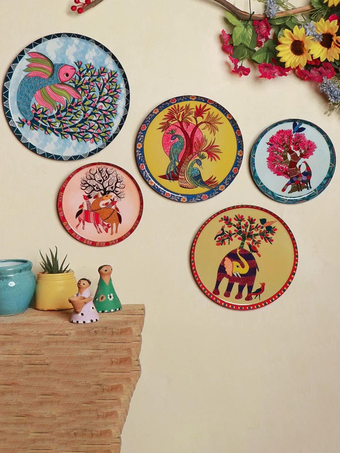 

RITUALISTIC Set of 5 Gondh Home Decorative Wall Plates, Blue