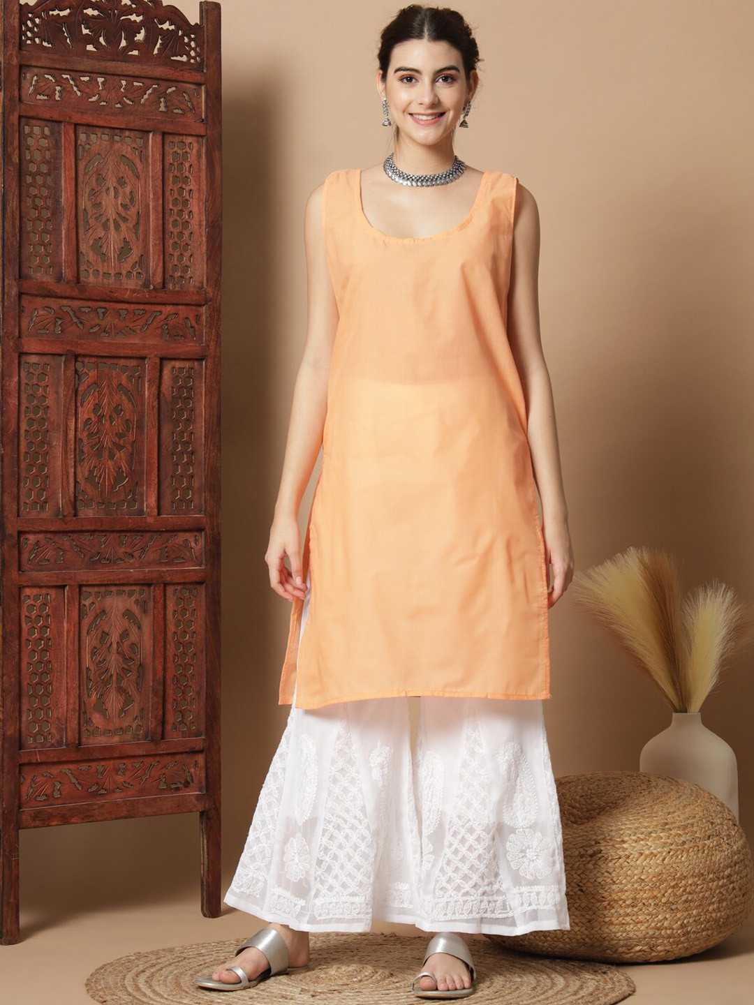 

Ethnava Ethnic Motifs Embroidered Chikankari Straight Kurta With Palazzo, Orange
