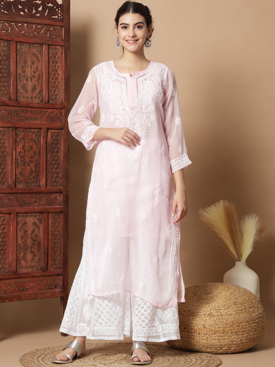

Ethnava Ethnic Motifs Embroidered Georgette Chikankari Kurta with Sharara, Pink