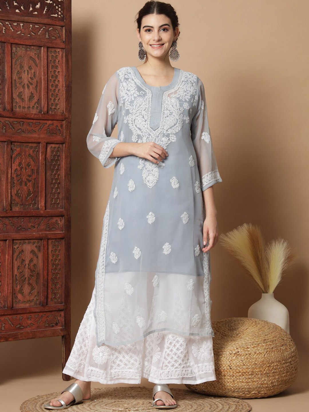 

Ethnava Ethnic Motifs Embroidered Georgette Chikankari Kurta with Palazzos, Grey