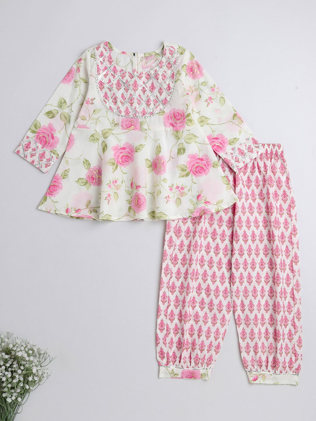

The Magic Wand Girls Floral Printed Gotta Patti Pure Cotton Kurti with Salwar, Off white