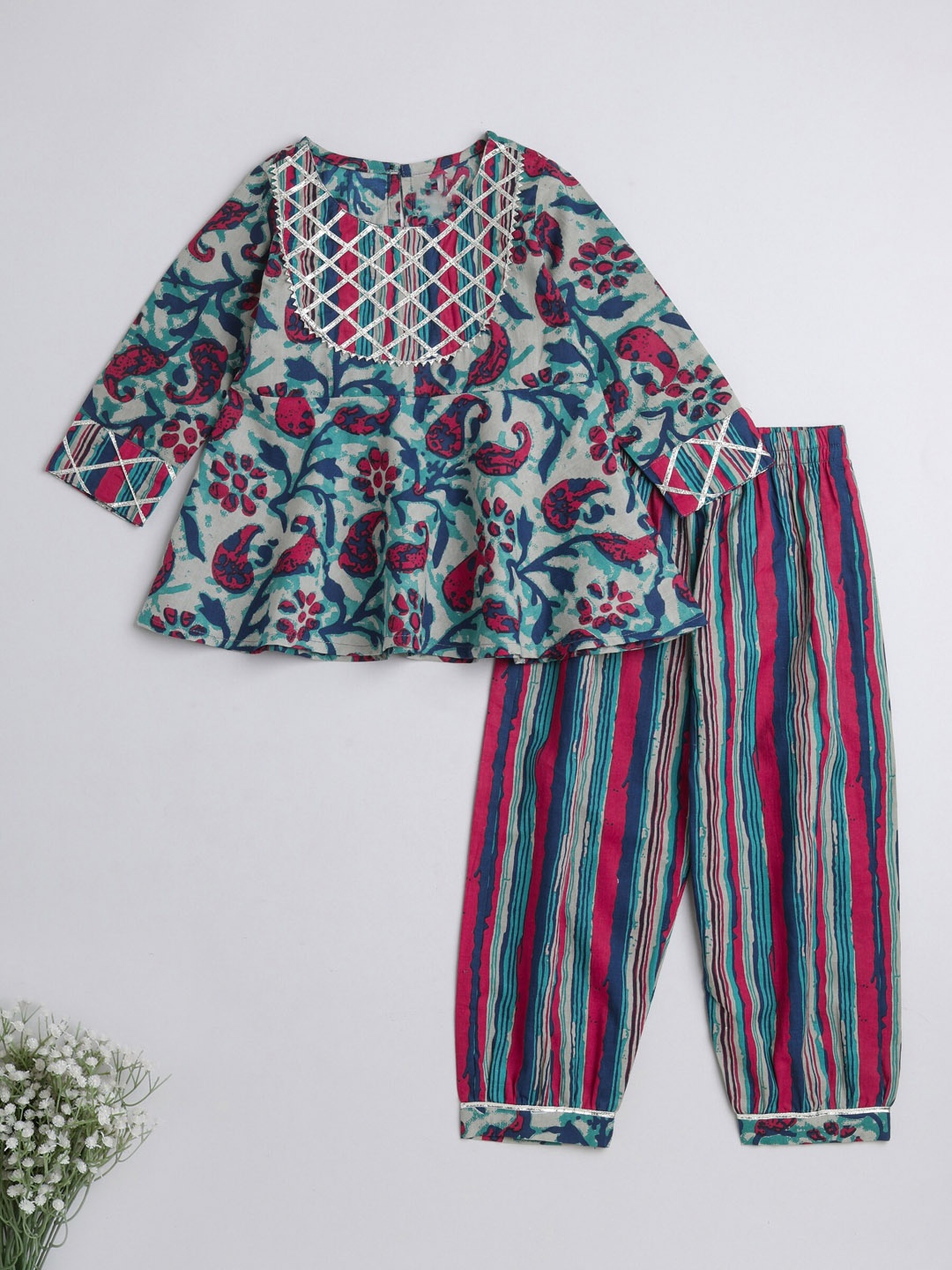 

The Magic Wand Girls Floral Printed A-line Gotta Patti Pure Cotton Kurti with Salwar, Off white
