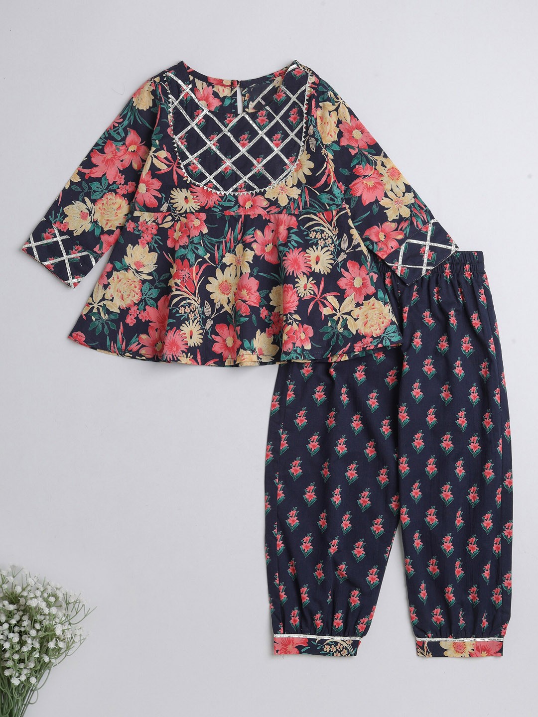 

The Magic Wand Girls Floral Printed Gotta Patti Pure Cotton Kurti with Salwar, Navy blue