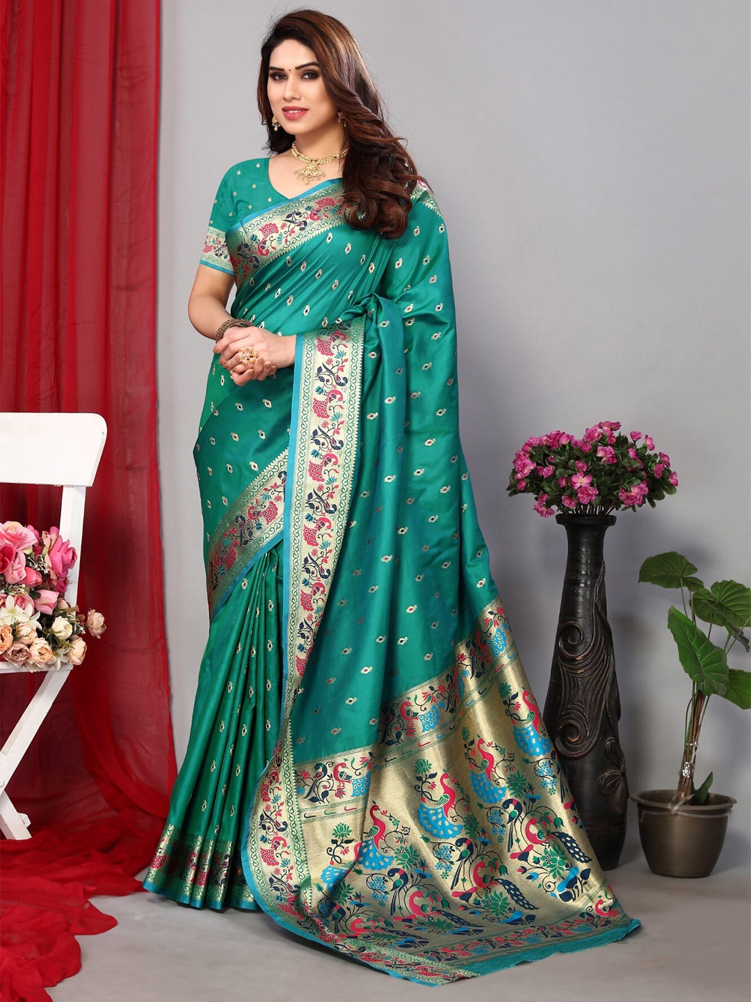 

Mitera Teal & Gold-Toned Ethnic Motifs Woven Design Zari Silk Blend Paithani Saree