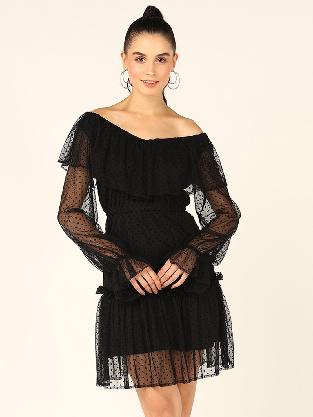 

DressBerry Black Laced Tiered Off-Shoulder A-Line Dress