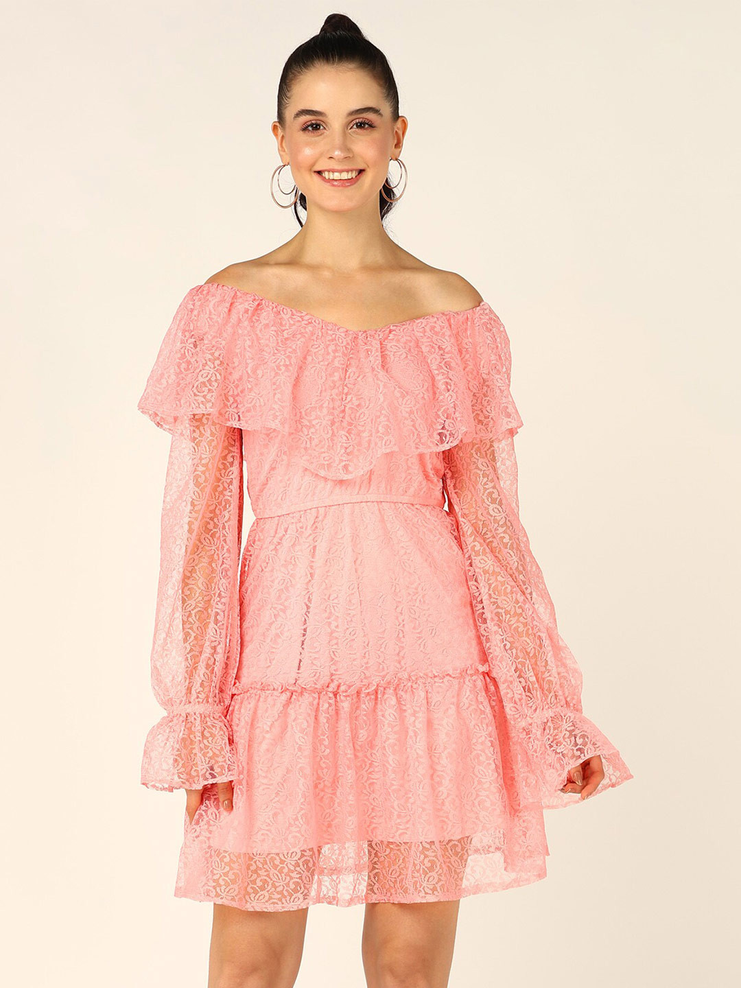 

DressBerry Pink Floral Laced Tiered Off-Shoulder Puff Sleeve A-Line Dress