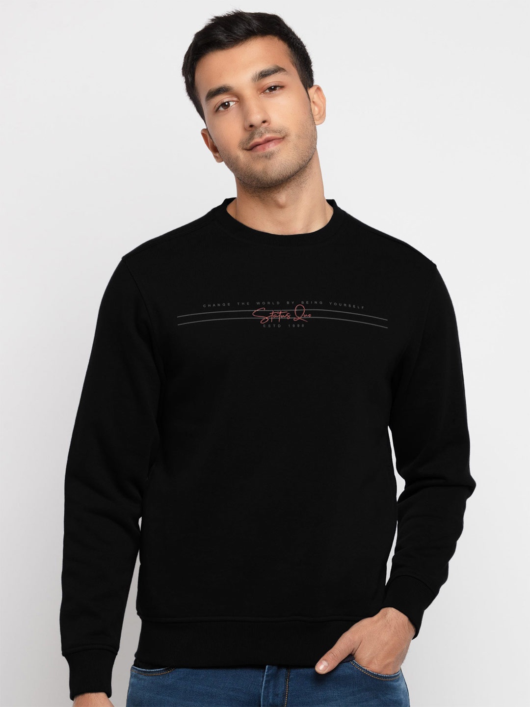 

Status Quo Typography Printed Round Neck Cotton Sweatshirt, Black