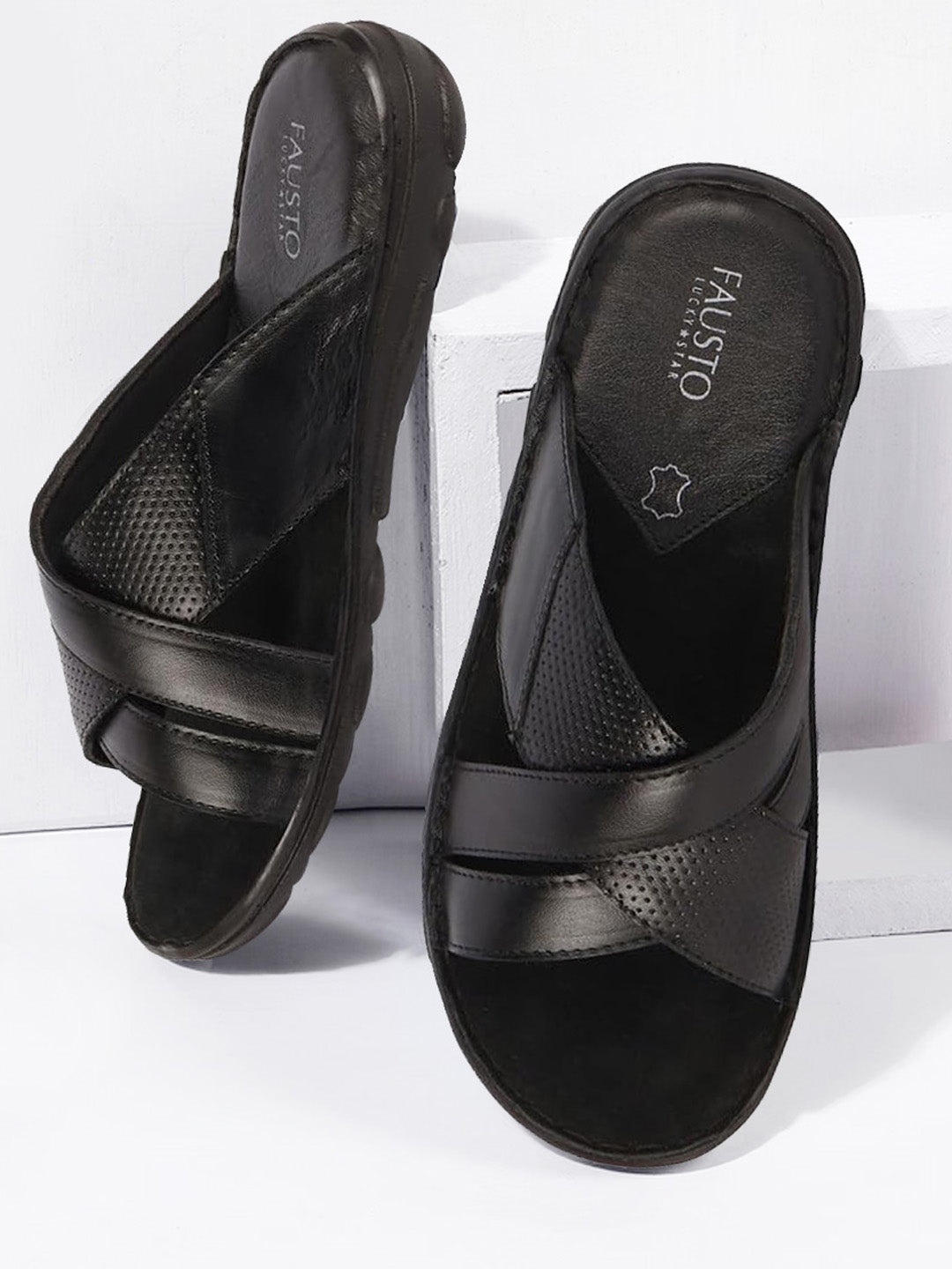 

FAUSTO Men Perforated Leather Comfort Sandals, Black