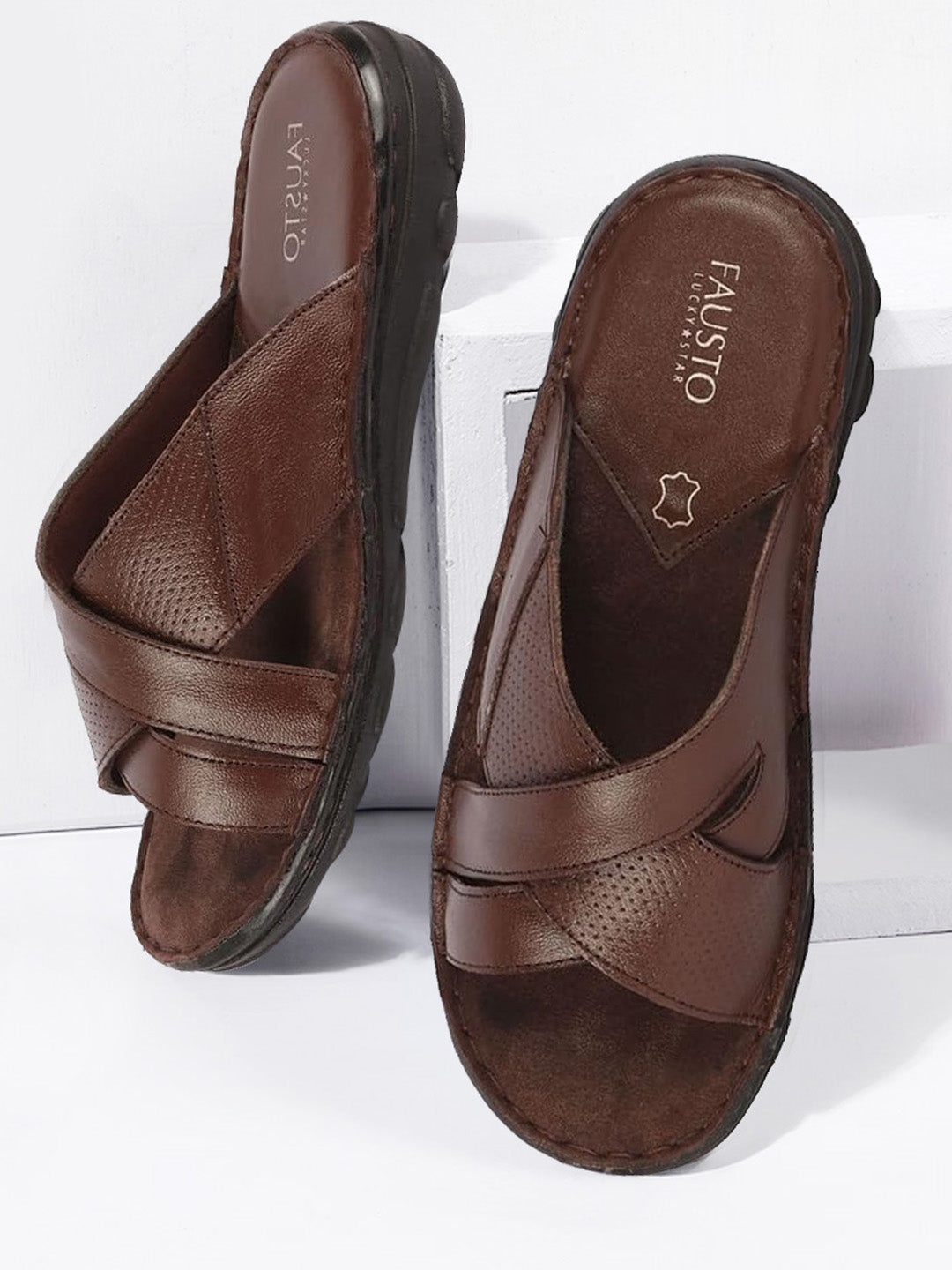 

FAUSTO Men Textured Leather Comfort Sandals, Brown