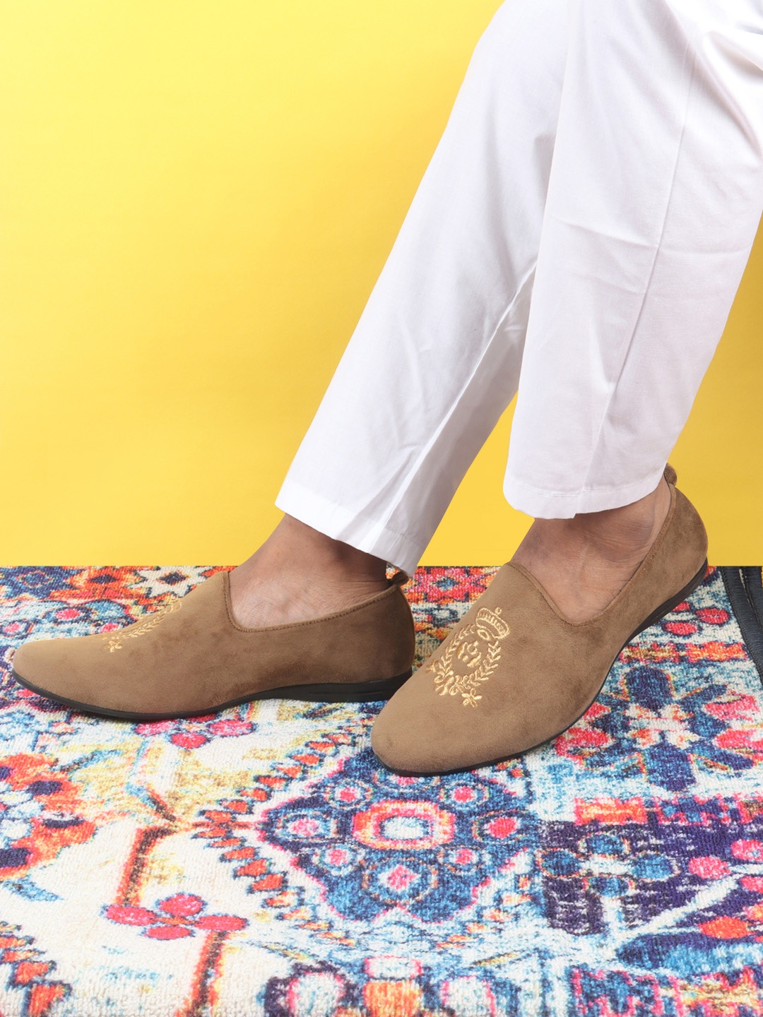

FAUSTO Men Embroidered Lightweight Velvet Mojaris, Brown